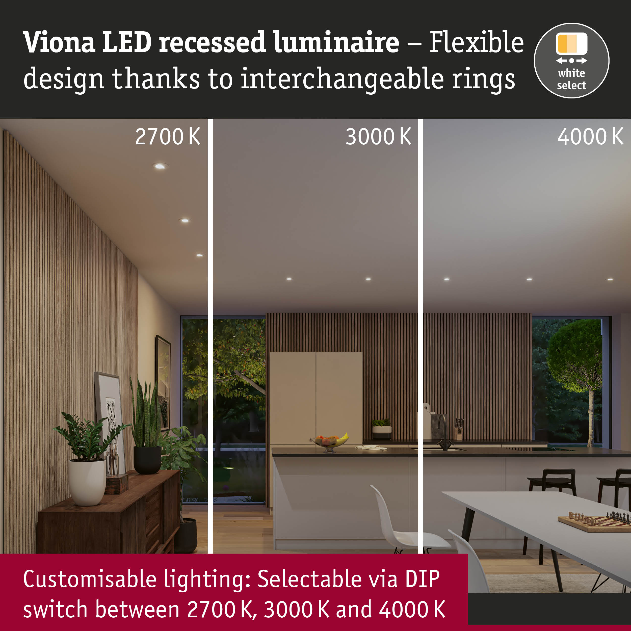 Vergleich der Farbtemperaturen 2700K, 3000K und 4000K einer Viona LED-Einbauleuchte in einem modernen Wohnraum.