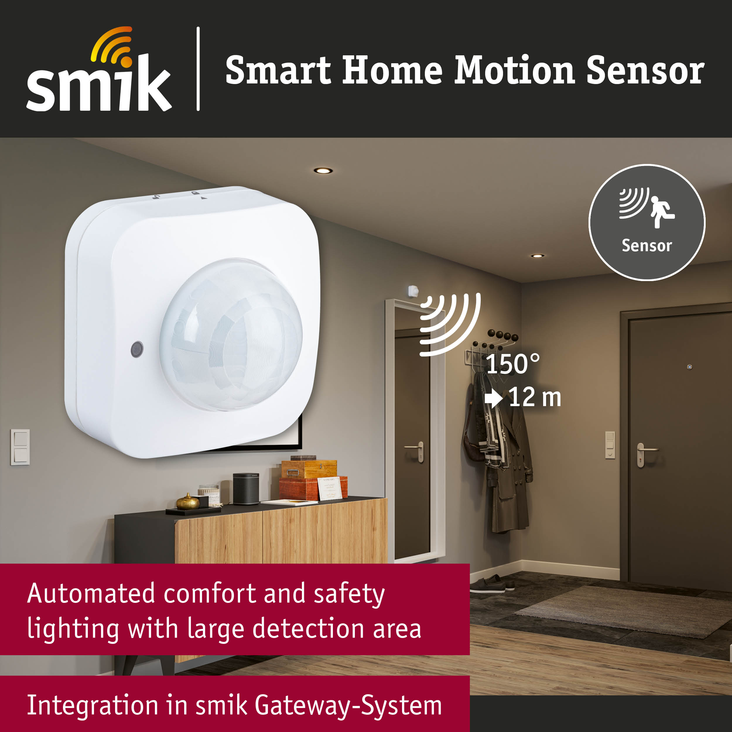 Czujnik ruchu Smik Smart Home do automatycznego oświetlenia o zasięgu 150 stopni.
