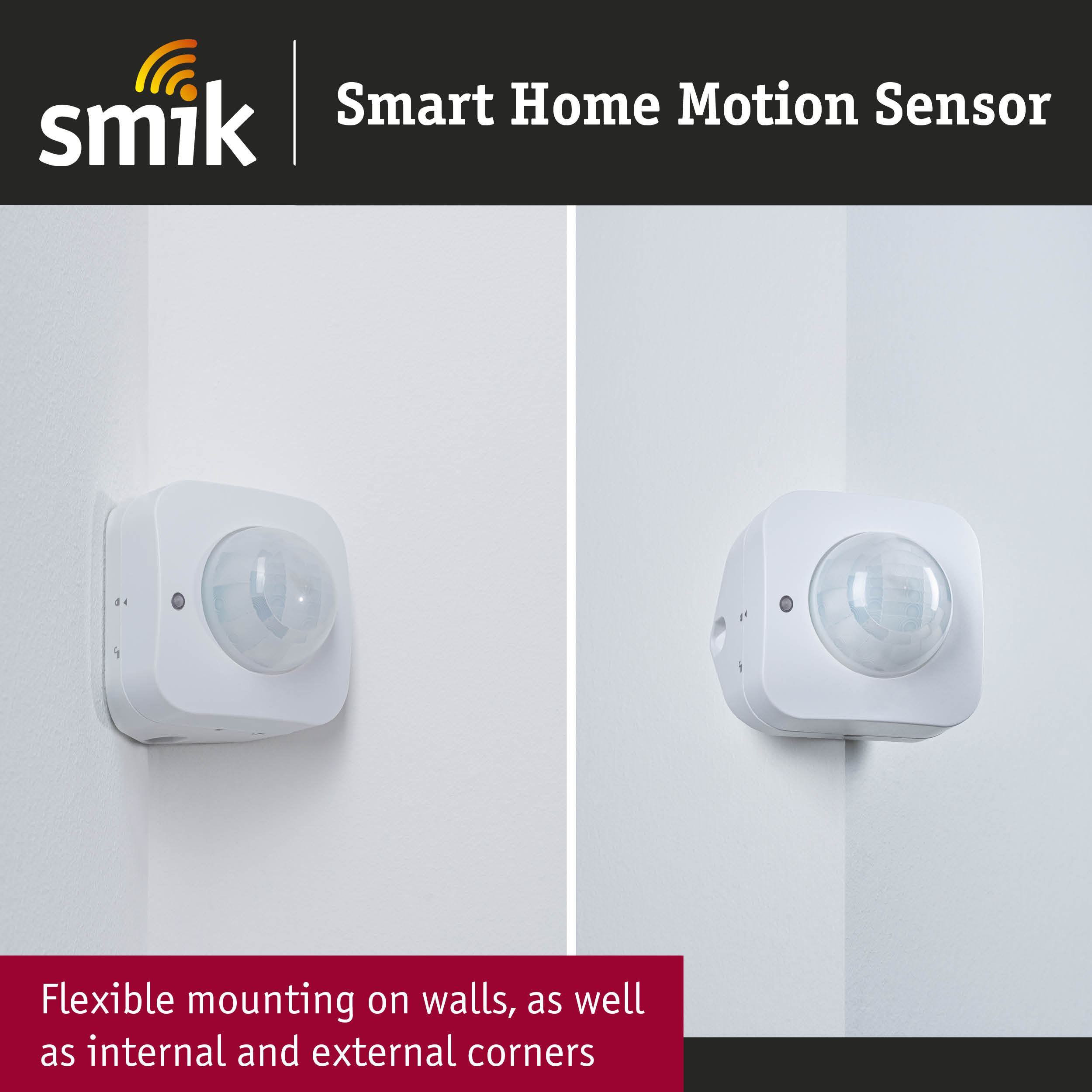 Czujnik ruchu Smart Home Smik, zamontowany na ścianie i w rogu.