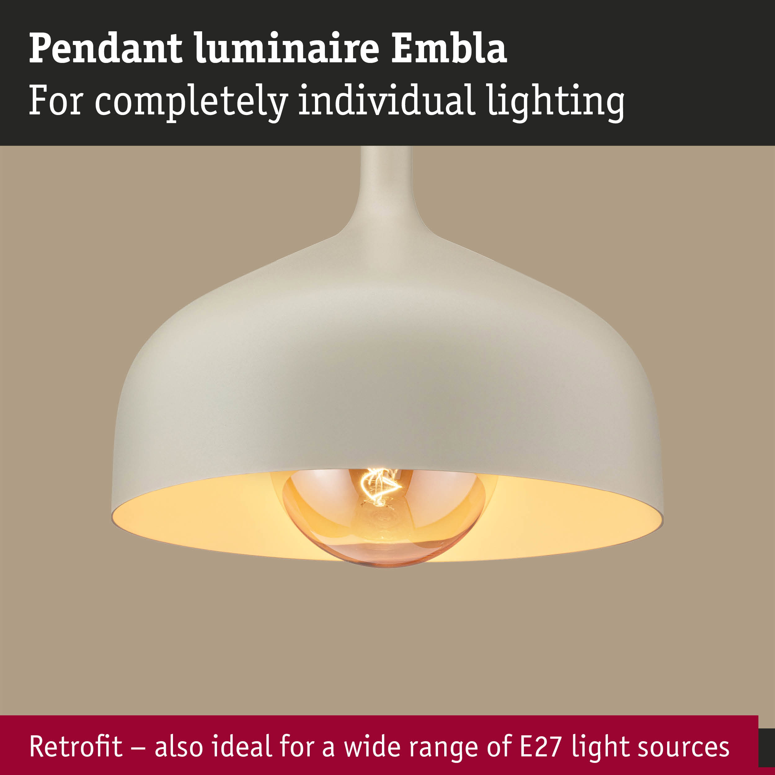 Beige Hängeleuchte Embla mit warmem Licht und Text über individueller Beleuchtung.