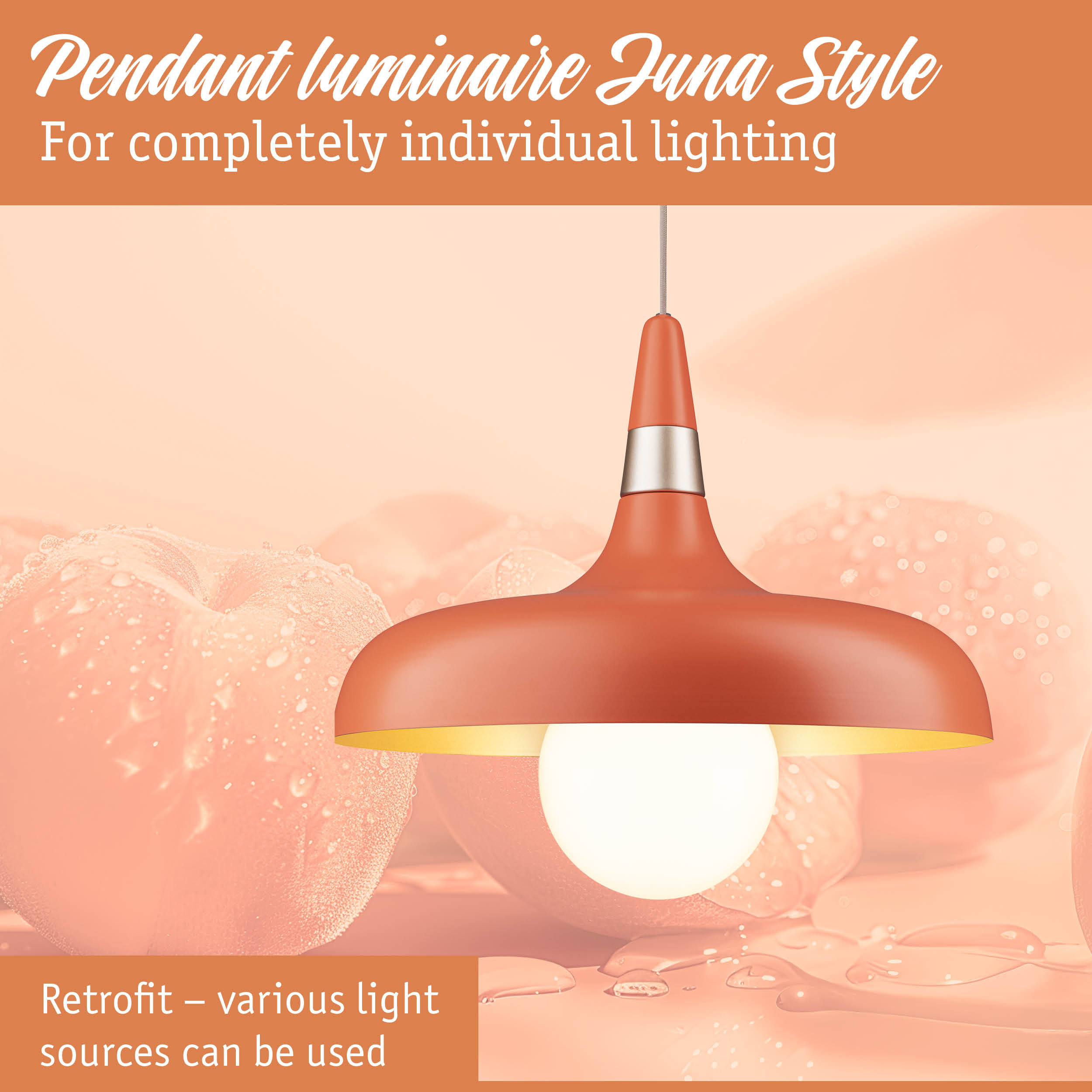 Pomarańczowa lampa wisząca na tle miękkich, rosą pokrytych brzoskwiń.