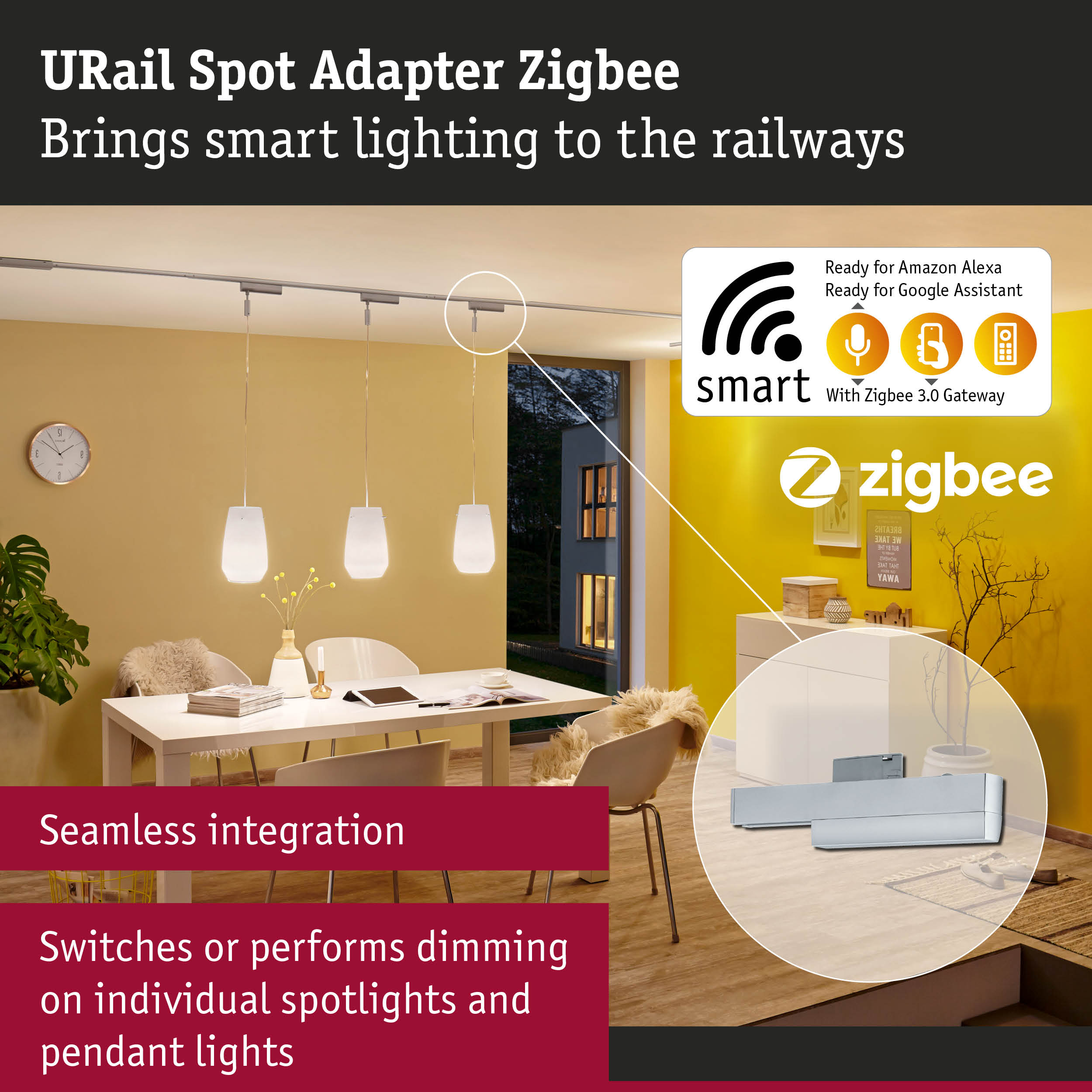 URail Spot Adapter Zigbee an einem Schienensystem über einem Esstisch mit intelligenter Beleuchtung.