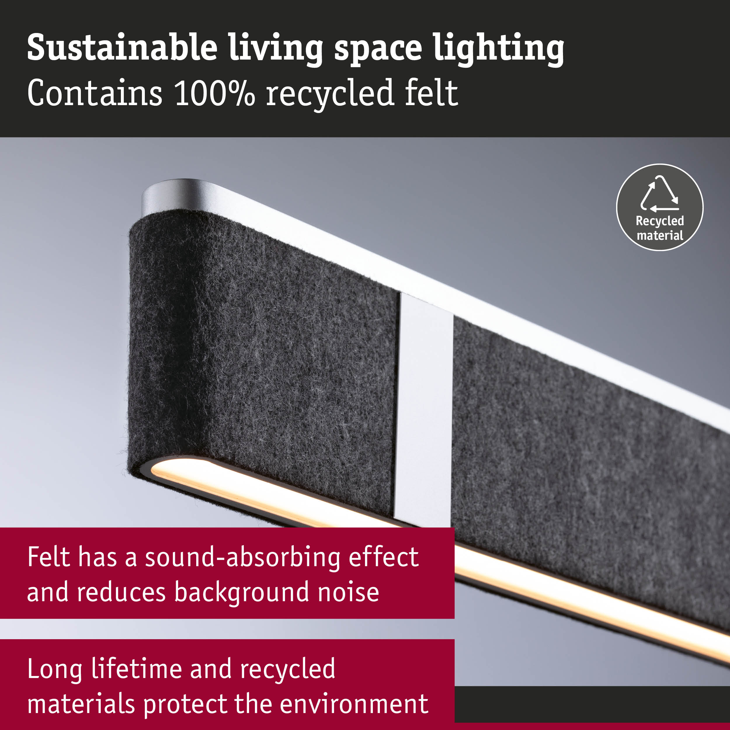 Moderne Hängeleuchte aus grauem Filz und Metall mit warmem LED-Licht und nachhaltigen Materialien.