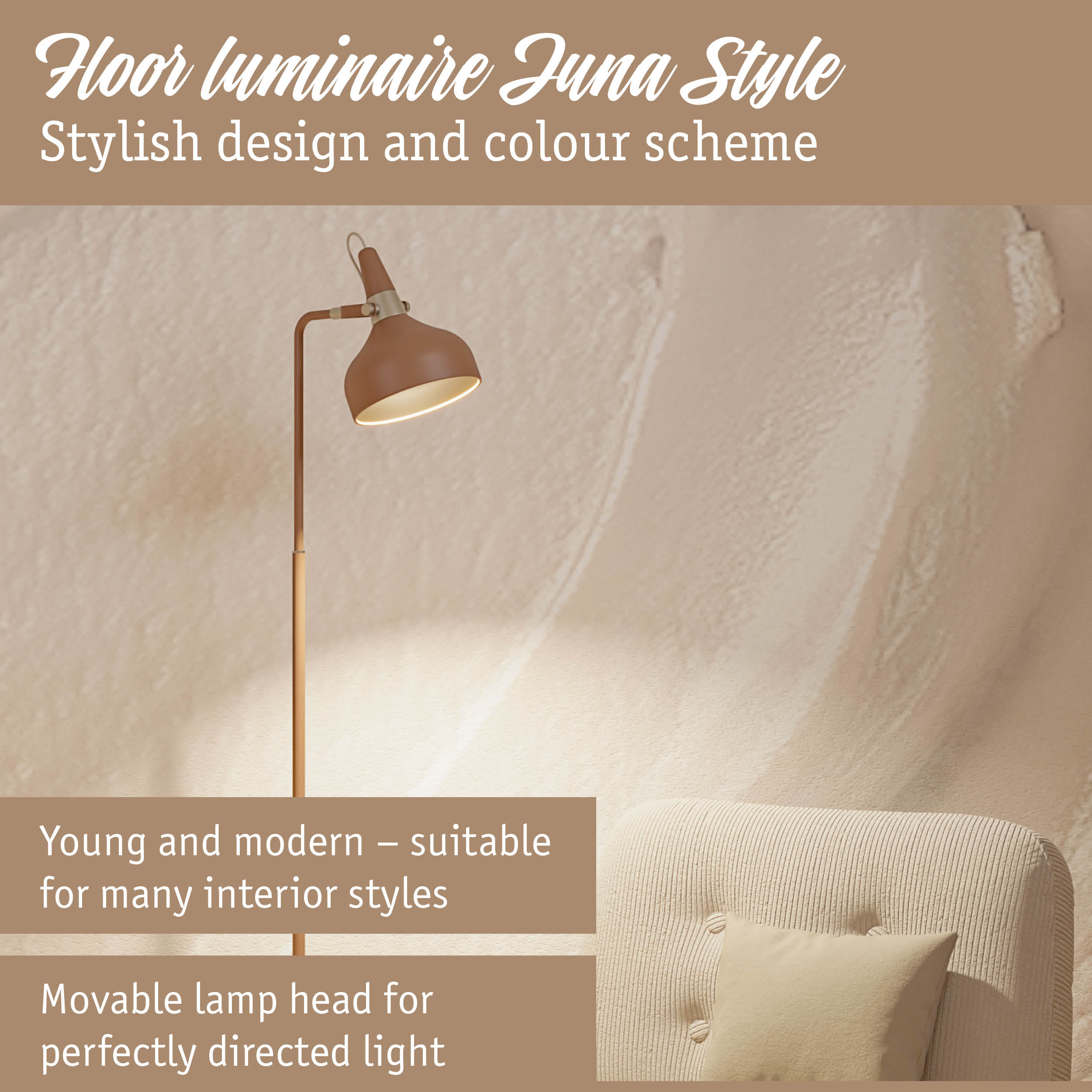 Nowoczesna brazowa lampa stojaca Juna Style obok jasnego fotela na tle fakturowanej sciany.