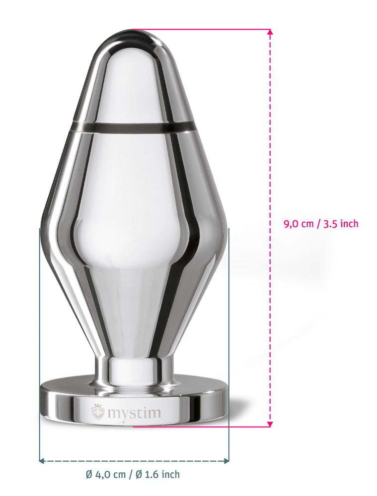 Srebrny metalowy korek analny z oznaczeniami wymiarów: 9,0 cm wysokości i 4,0 cm  średnicy, na białym tle.