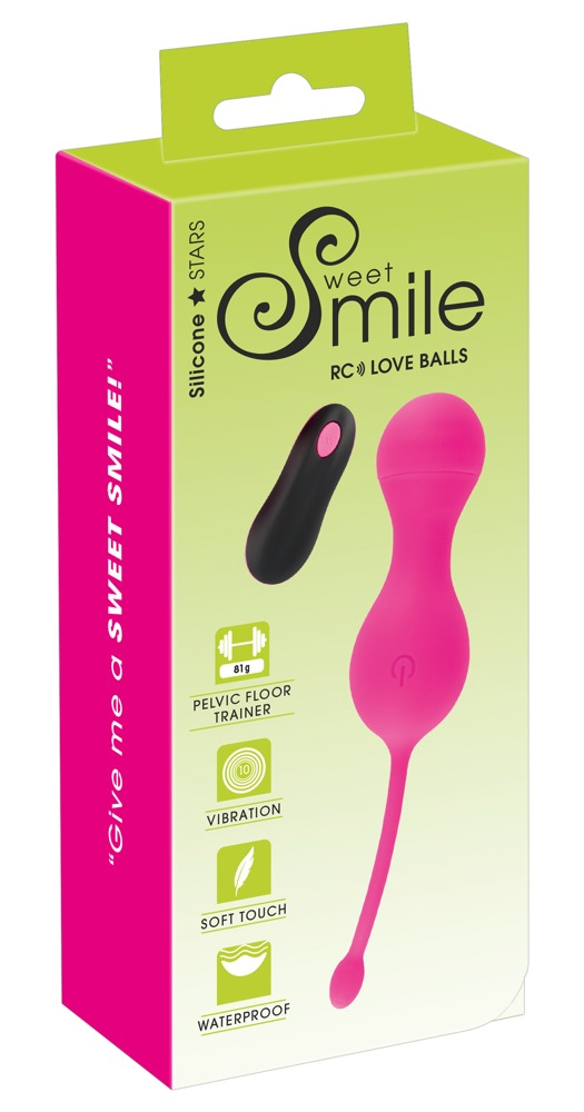 Grün-pinke Verpackung von Sweet Smile RC Love Balls mit pinkem Trainer und schwarzer Fernbedienung.