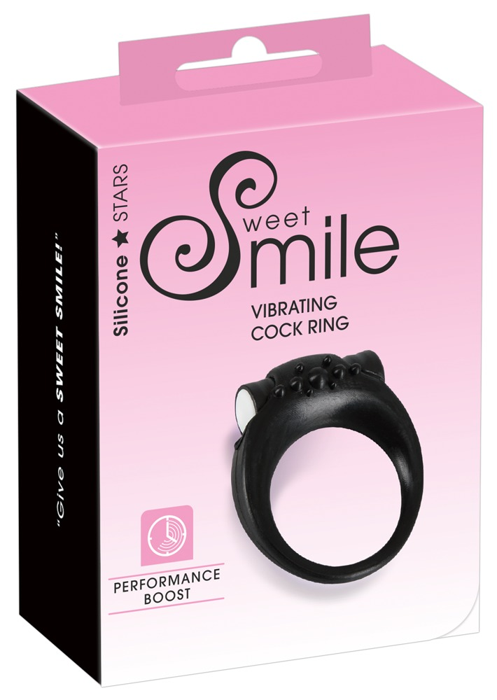 Rosa und schwarze Verpackung eines Sweet Smile Vibrationsrings mit Texten.