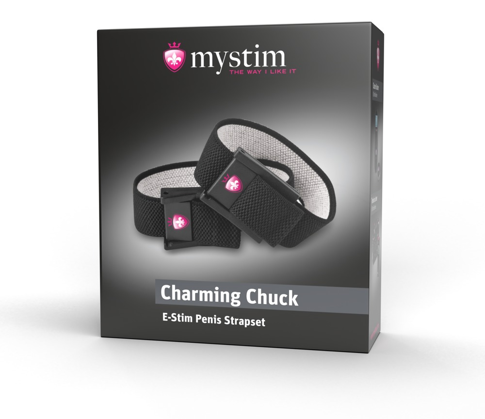 Produktverpackung des Mystim Charming Chuck E-Stim Penis Strapset mit zwei schwarzen Gurten und pinken Logoclips.
