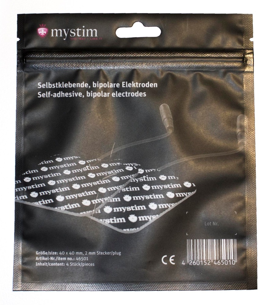 Eine schwarze Plastikverpackung von Mystim Selbstklebenden bipolaren Elektroden mit Produktdetails.