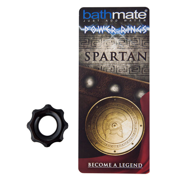 Schwarzer Bathmate Spartan Power Ring neben seiner Verpackung mit Schild- und Helm-Design.
