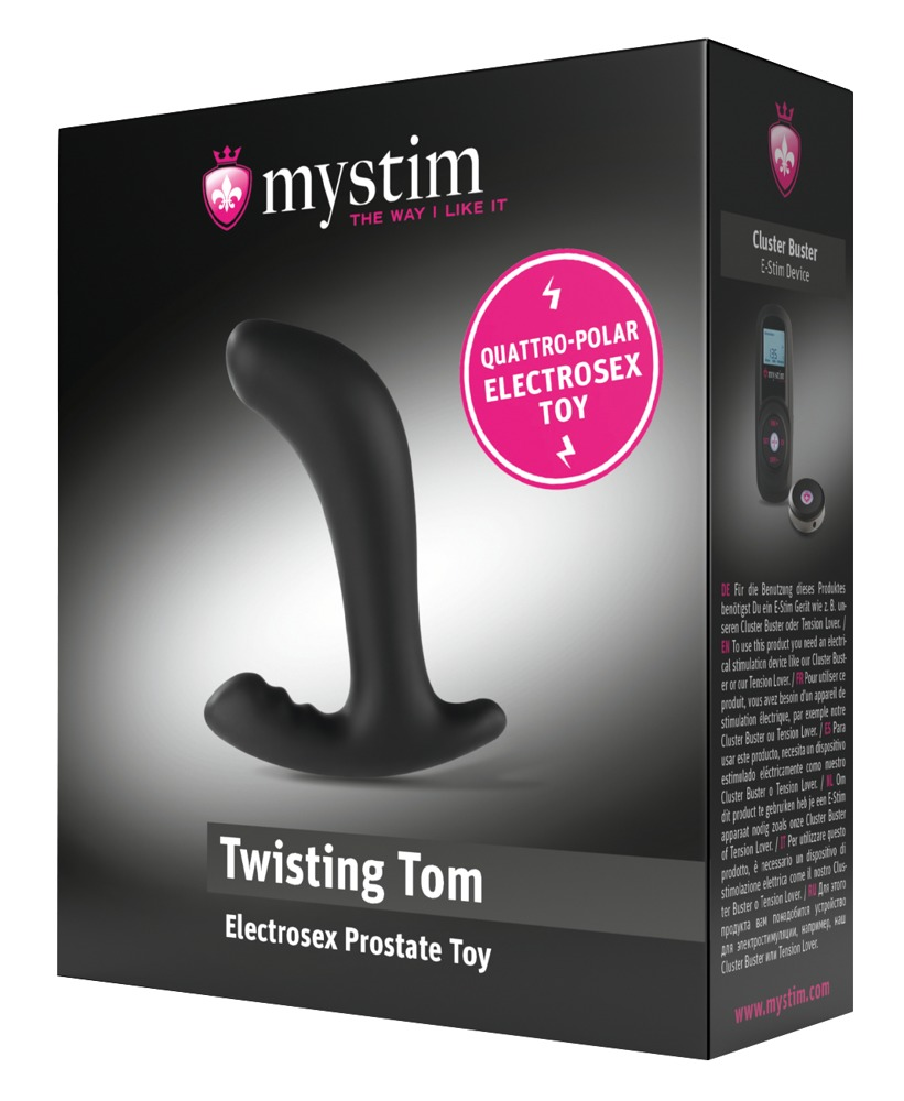 Opakowanie zabawki prostaty electrosex mystim Twisting Tom z czarnym urządzeniem.