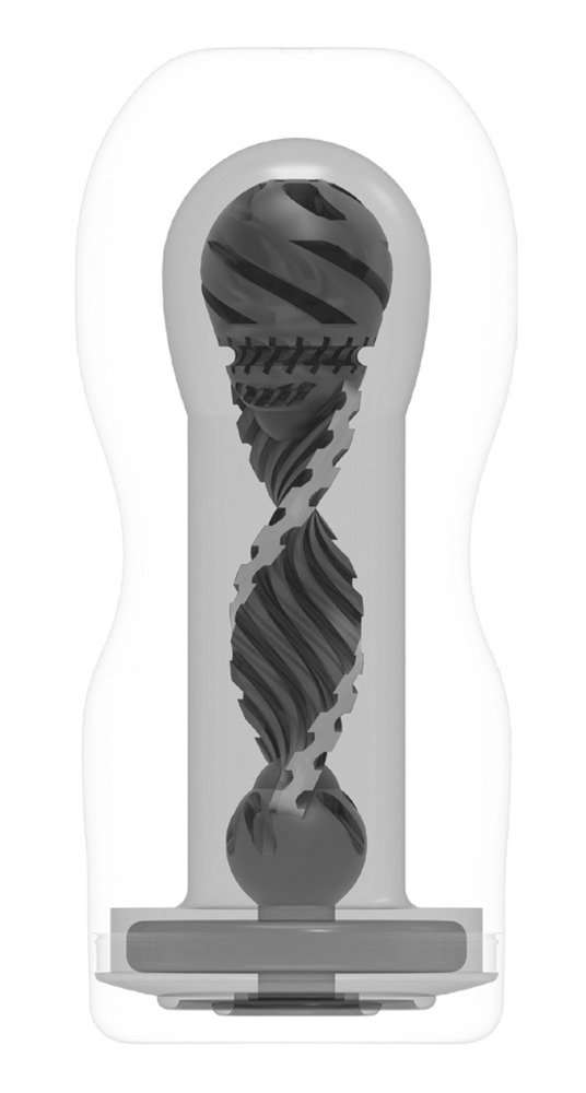 Ein graues, spiralförmiges Innenteil in einem transparenten, flaschenähnlichen Behälter vor weißem Hintergrund.