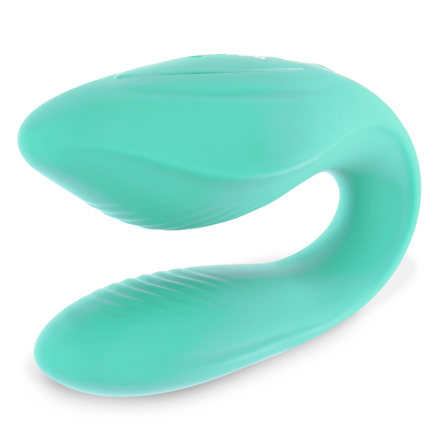 Ein mintgrünes, C-förmiges Wellness-Gerät mit glattem, ergonomischem Design vor weißem Hintergrund.