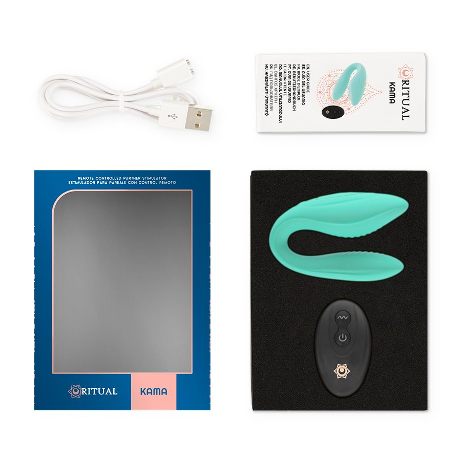 Eine türkise Wellness-Stimulationsgabel, eine Fernbedienung, ein USB-Kabel, ein Handbuch und eine blaue Verpackung.