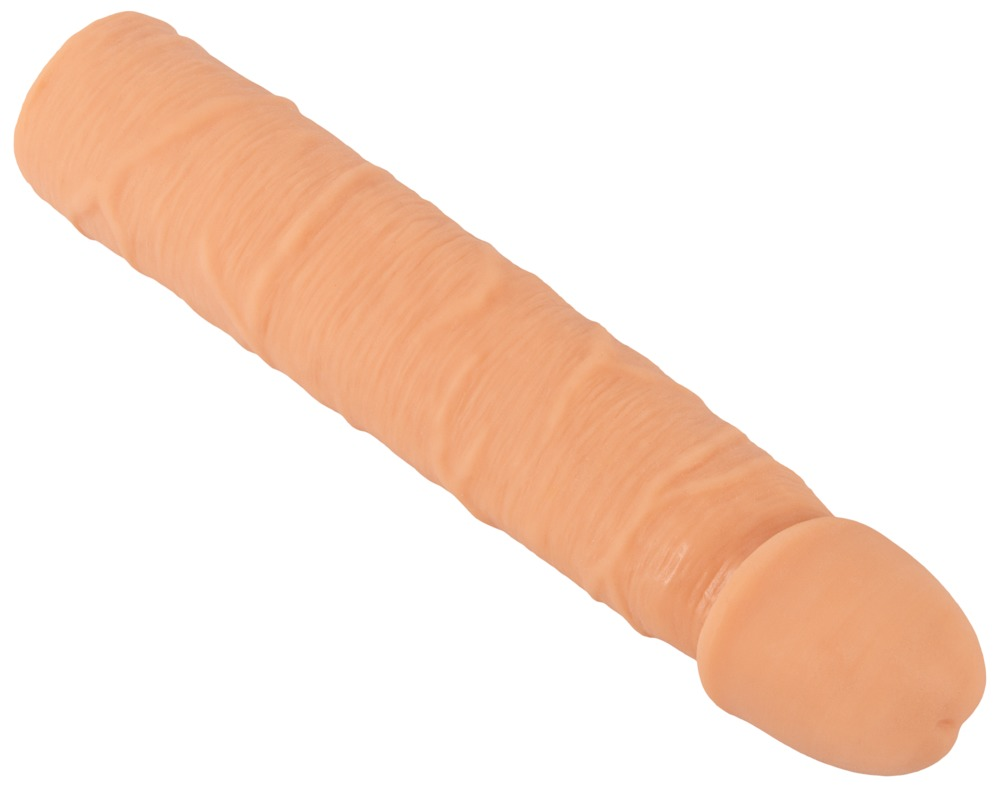 Ein hautfarbener, realistischer Dildo mit strukturierter Oberfläche auf weißem Hintergrund.