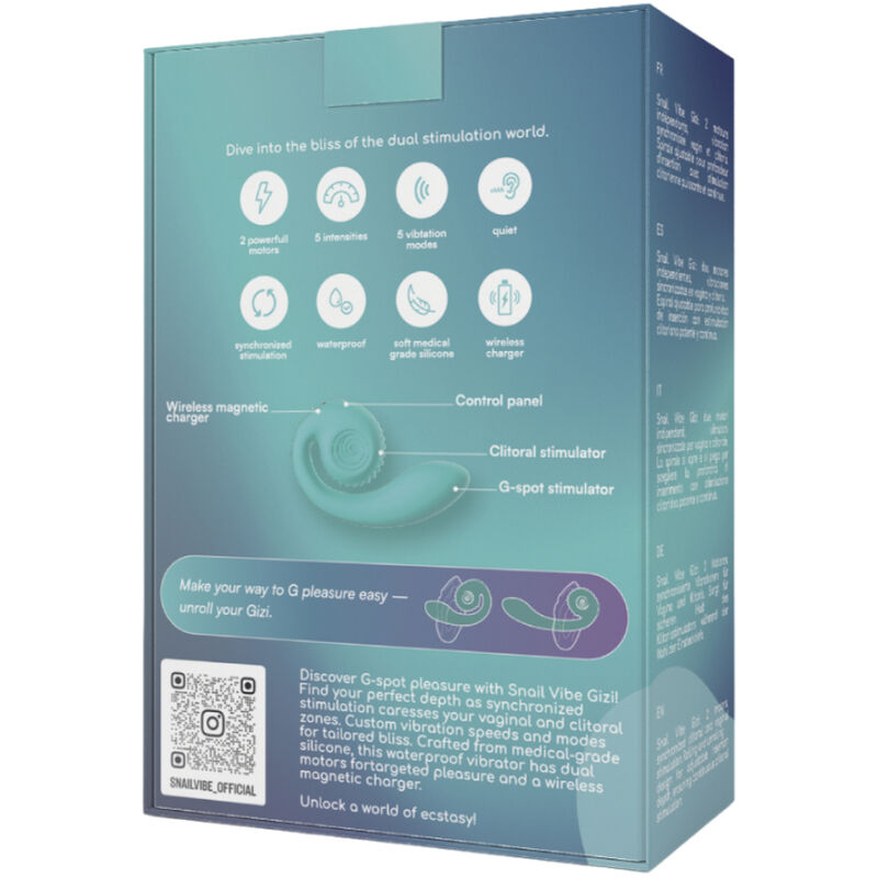 Parte trasera de una caja de producto turquesa con detalles, piezas e instrucciones de un vibrador de doble estimulación.