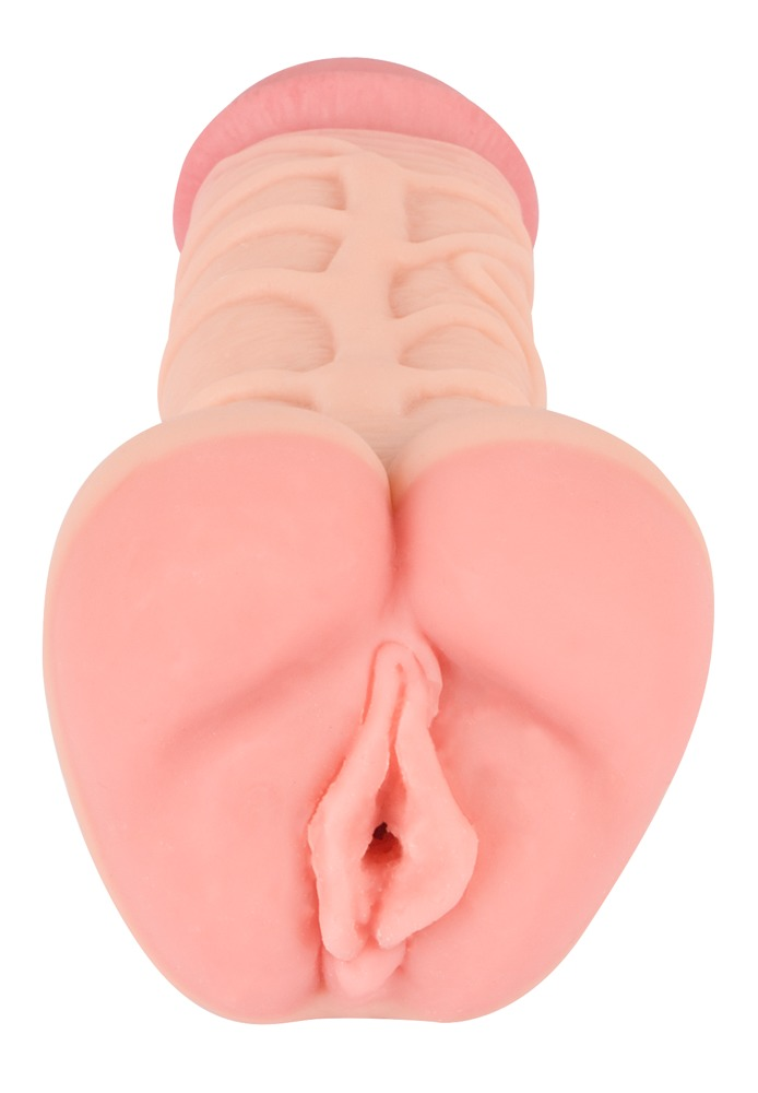 Ein rosafarbenes Sextoy mit einer Vagina und einem phallusähnlichen Aufsatz auf weißem Hintergrund.