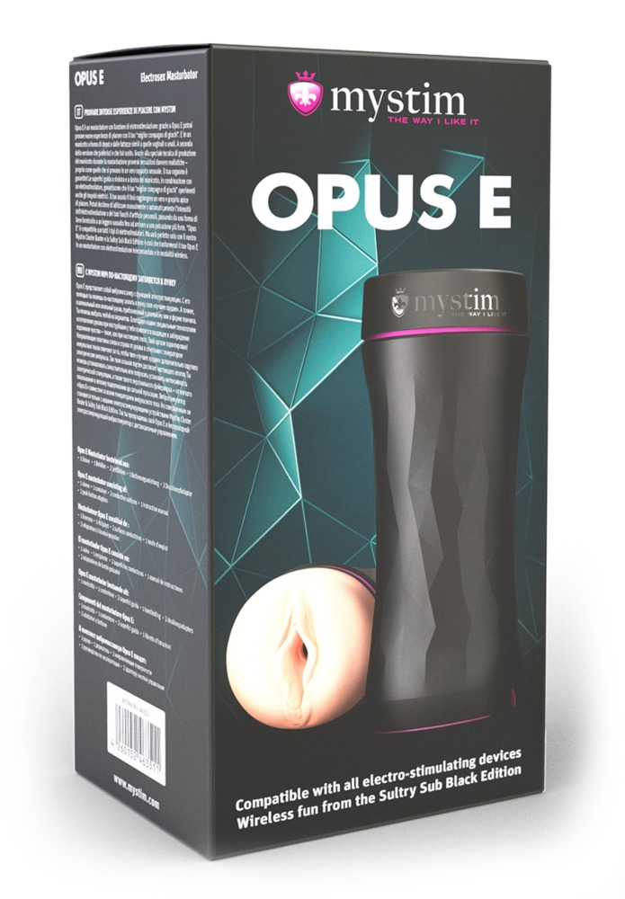Opakowanie gadżetu erotycznego Mystim Opus E przedstawiające czarne, teksturowane urządzenie.