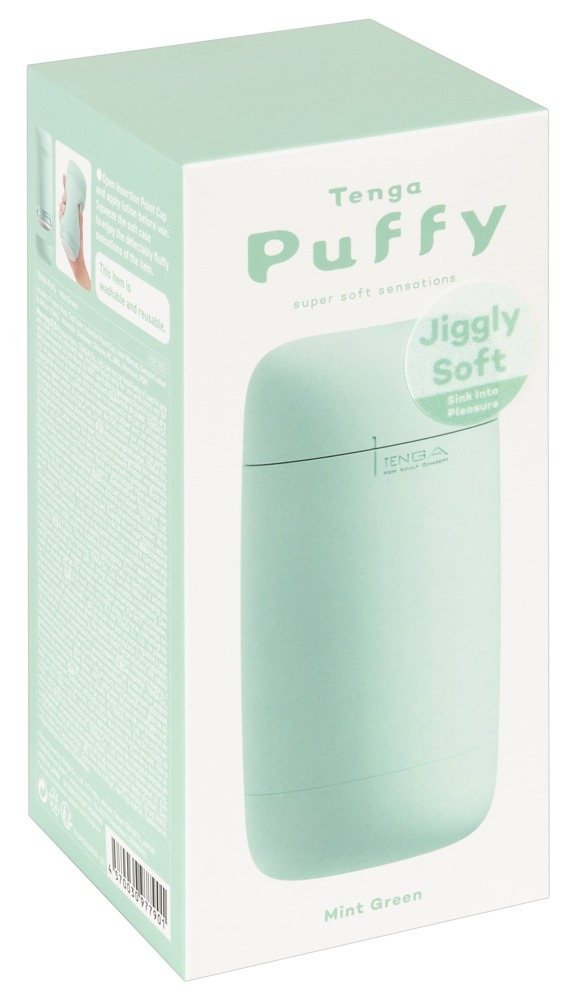 Eine mintgrüne Tenga Puffy Produktverpackung mit Text und Bild auf weißem Hintergrund.