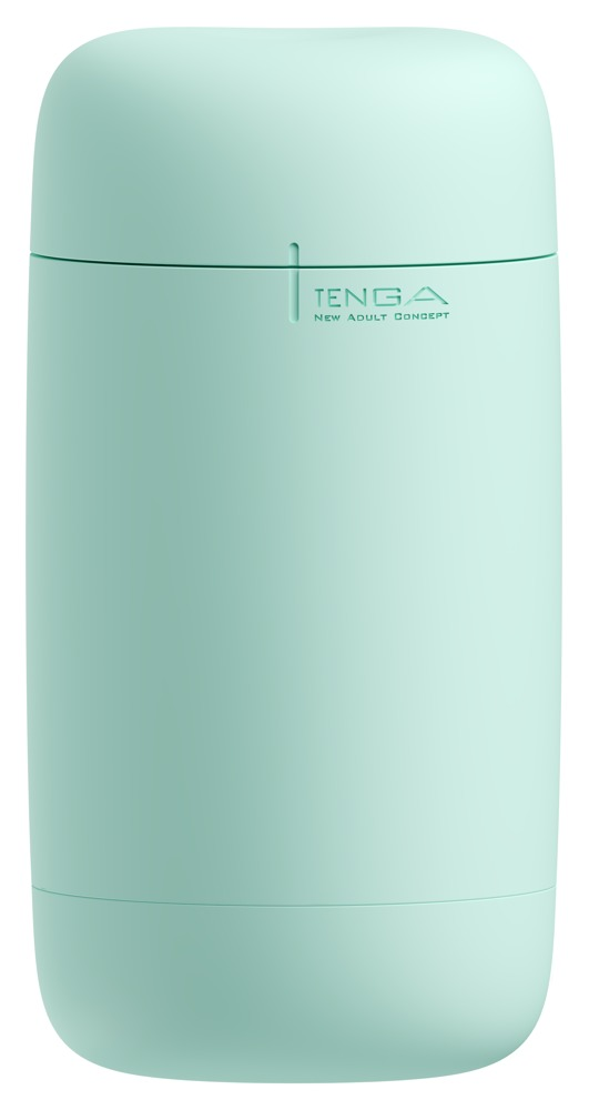 Ein mattes, mintgrünes zylindrisches Produkt mit dem eingeprägten Markennamen TENGA auf weißem Hintergrund.