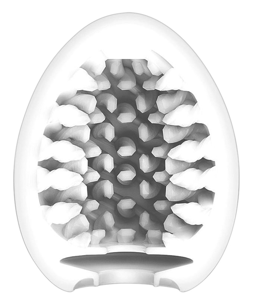 Ein eiförmiges weißes Objekt mit einem offenen Innenraum voller komplexer, spiralartiger weißer Texturen.