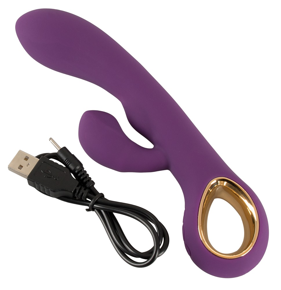 Ein lila geschwungener Silikon-Vibrator mit goldenem Ring und schwarzem USB-Ladekabel auf weiß.