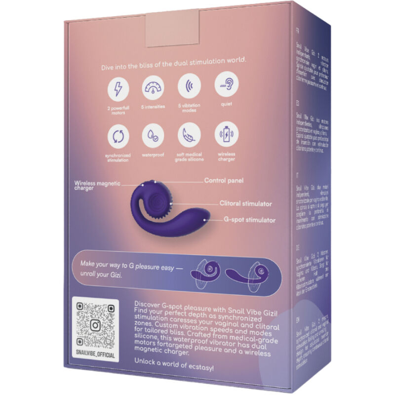 Lila farbene Produktverpackung eines Vibrators mit Infografiken zu Funktionen und einer Abbildung des Geräts.