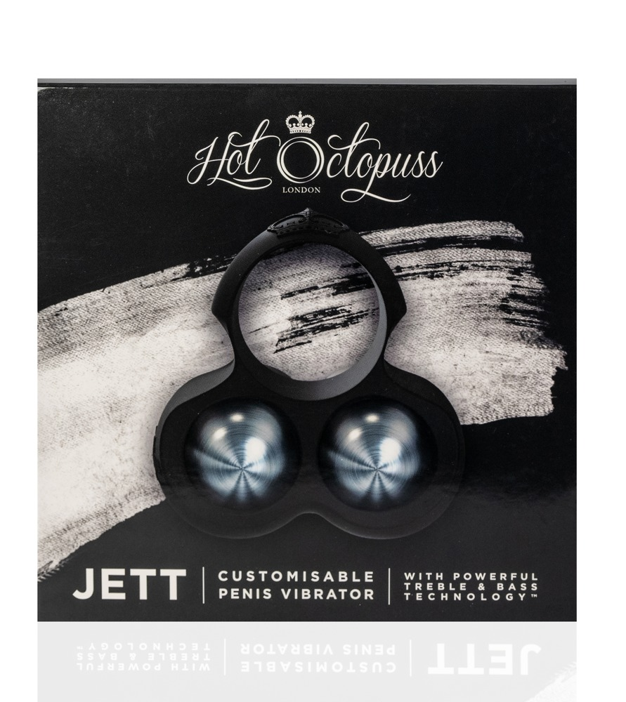Empaque de producto negro para el vibrador de pene Hot Octopus Jett con elementos metálicos brillantes.