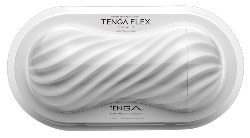 Białe opakowanie Tenga Flex Silky White w kształcie kapsułki na białym tle.