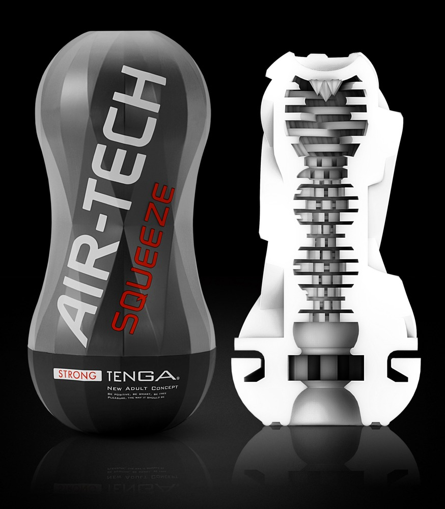 Zamknięta i przekrojona zabawka erotyczna Air-Tech Tenga Squeeze Strong na czarnym tle.