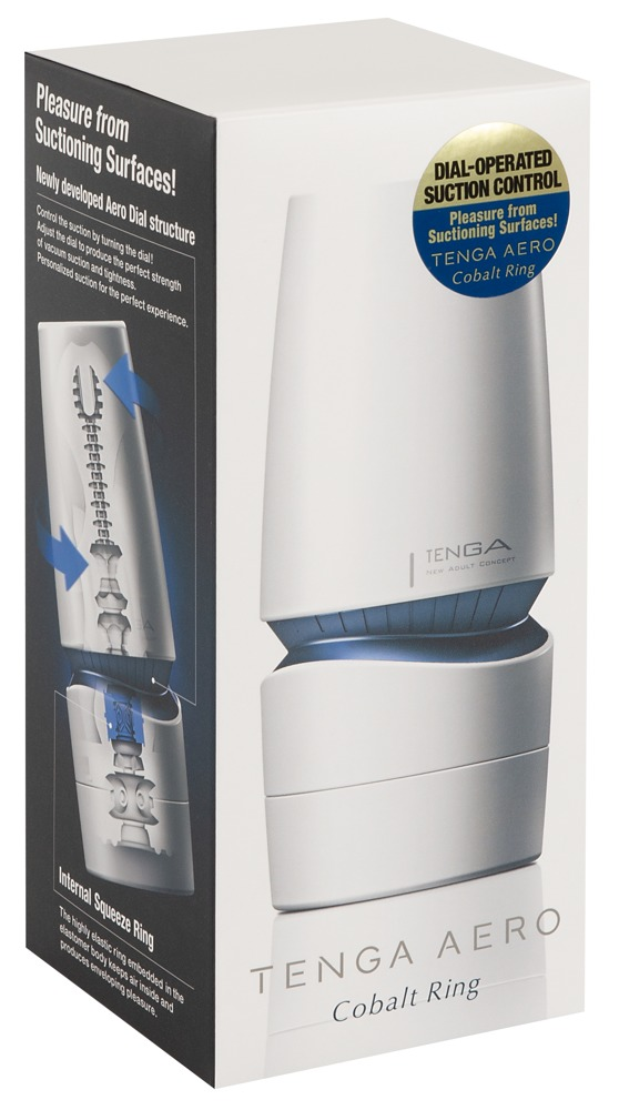 Produktverpackung des Tenga Aero Cobalt Ring mit weißem Design und blauen Details sowie beschreibendem Text auf der Seite.