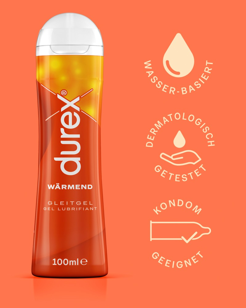 Durex Wärmend Gleitgel in einer orangefarbenen 100ml-Flasche mit Info-Icons auf der rechten Seite.