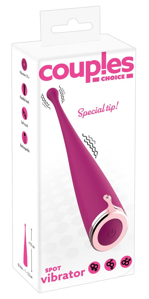 Weiße Produktbox mit pinker Aufschrift und einem magentafarbenen Spot-Vibrator mit Metallbasis und Icons.