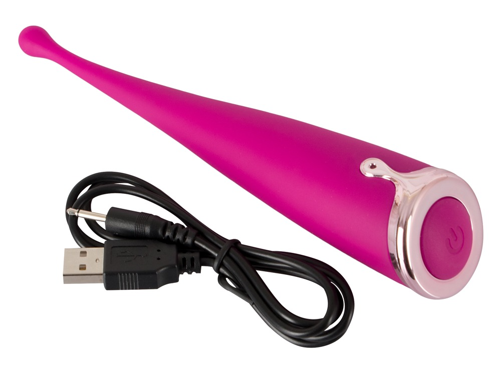 Ein rosafarbener Vibe mit silbernem Rand und ein schwarzes USB-Ladekabel auf weißem Hintergrund.