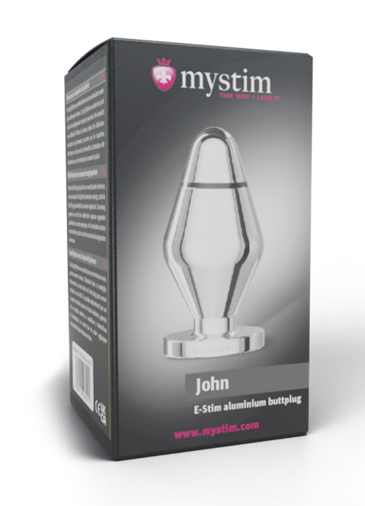 Opakowanie aluminiowego korka analnego E-Stim Mystim John z błyszczącym zdjęciem.