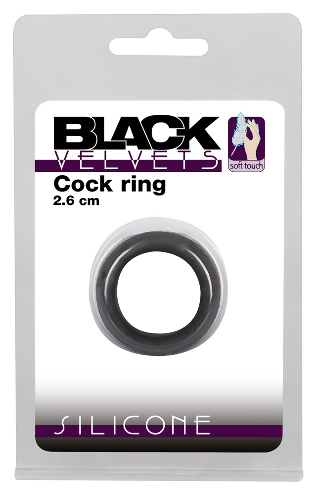 Verpackung für einen Black Velvets Silikon-Hodenring, 2,6 cm, mit einem durch das transparente Plastik sichtbaren Ring.
