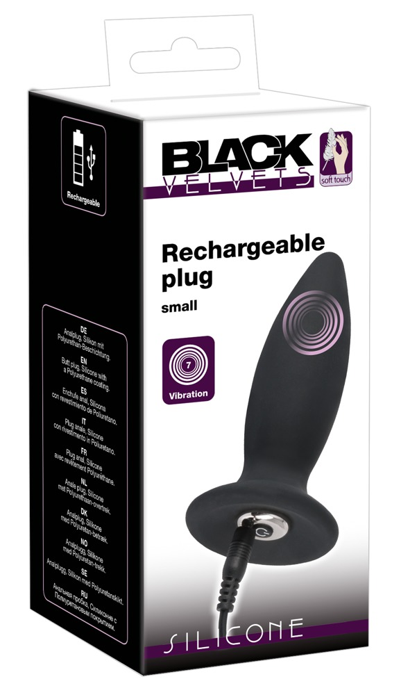 Verpackung für kleine wiederaufladbare Silikon-Plug von Black Velvets mit 7 Vibrationsmodi.