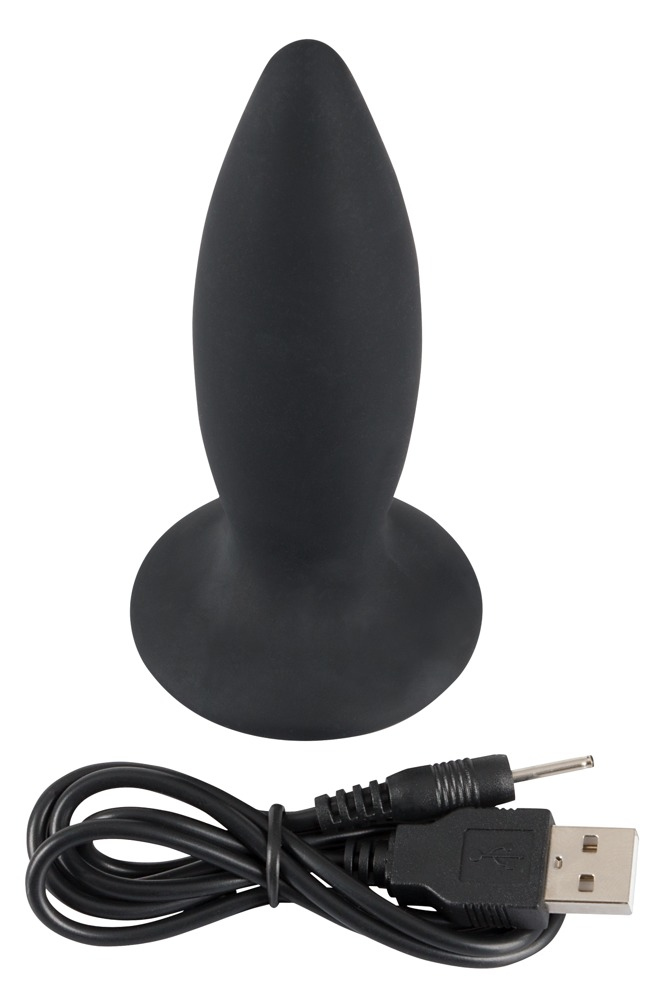 Ein schwarzes Plug-Sexspielzeug mit einer breiten Basis und einem USB-Ladekabel auf weißem Hintergrund.