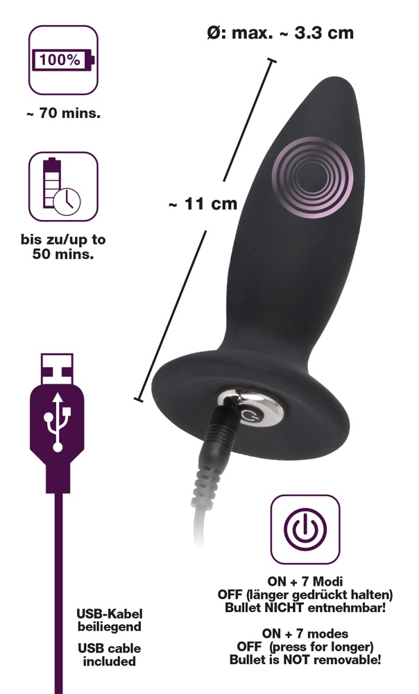 Schwarzer Plug mit Ladekabel und Maßen auf weißem Hintergrund.