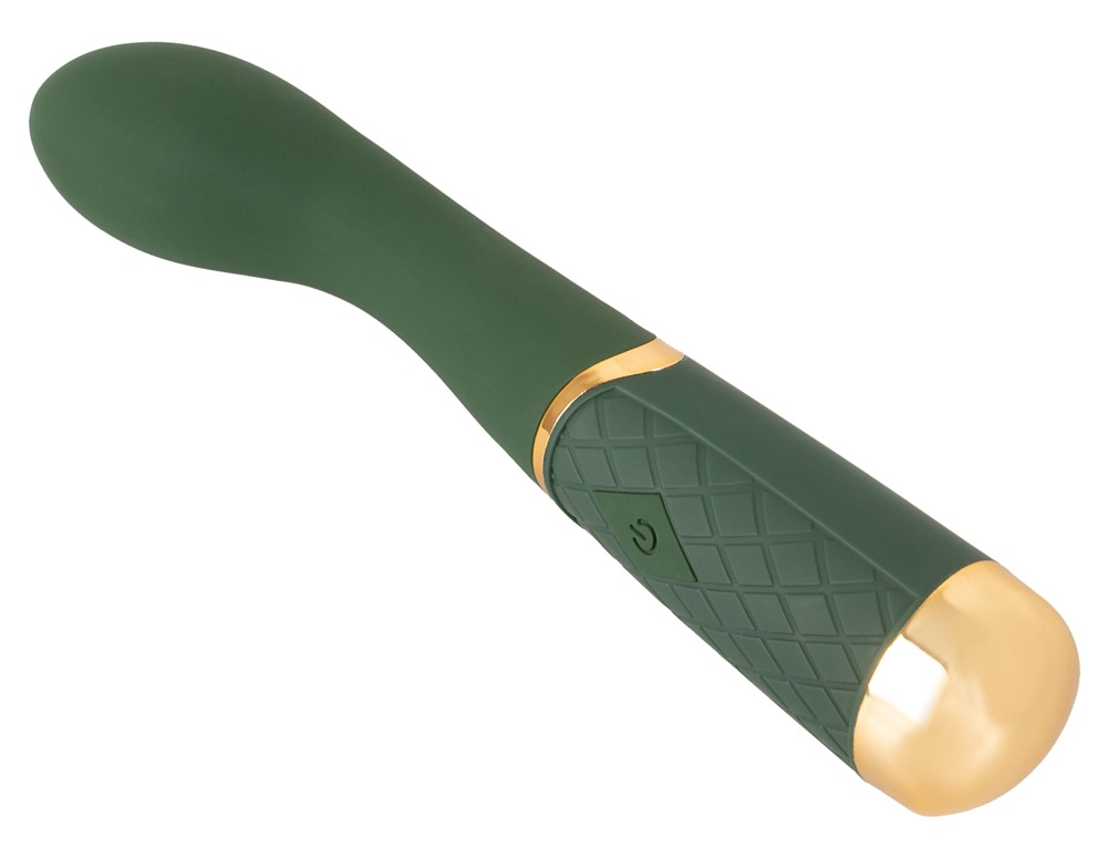 Grüner Vibrator mit Goldakzenten und Rautenmuster am Griff auf weißem Grund.