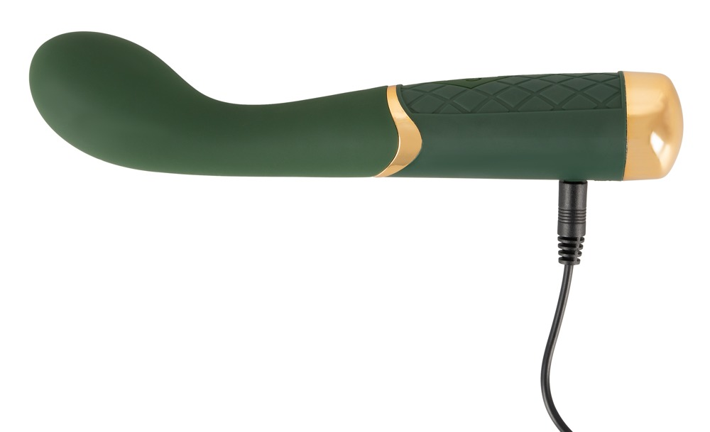 Grüner Vibrator mit goldenen Akzenten und schwarzem Ladekabel.