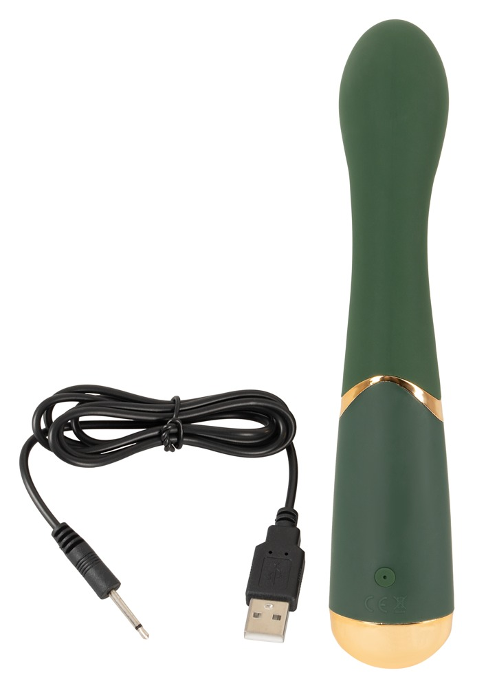 Ein dunkelgrünes Wellnessgerät mit goldenen Akzenten und schwarzem USB-Ladekabel auf weißem Grund.