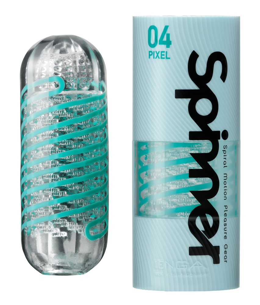 Ein durchsichtiges Produkt mit türkisem Spiralelement neben einer hellblauen Verpackung mit schwarzer Aufschrift.