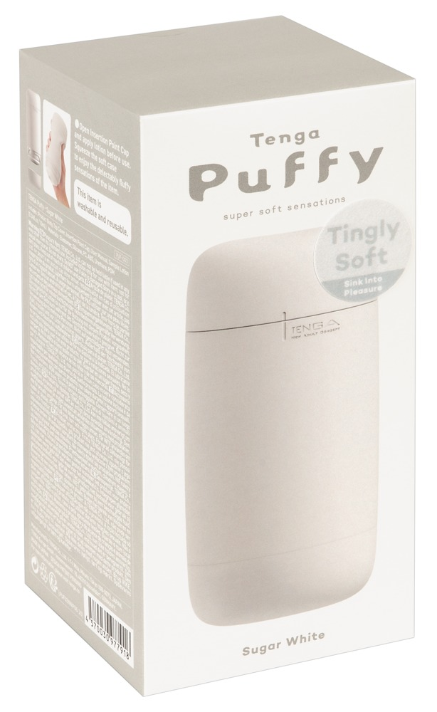 Weiße Tenga Puffy Verpackung mit Aufschrift und Abbildung des Produkts in Zuckerweiß.