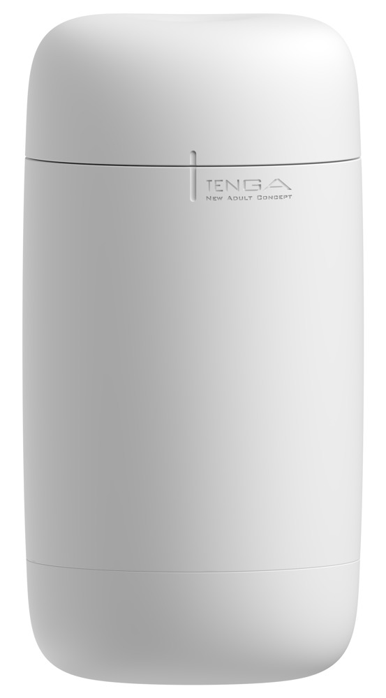 Ein weißer, zylindrischer TENGA New Adult Concept Becher mit abgerundeten Enden vor einem hellen Hintergrund.