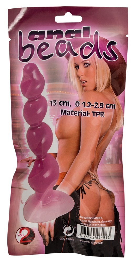 Verpackung von rosafarbenen Analperlen mit einer blonden Frau im Cowgirl-Kostüm auf dem Cover.