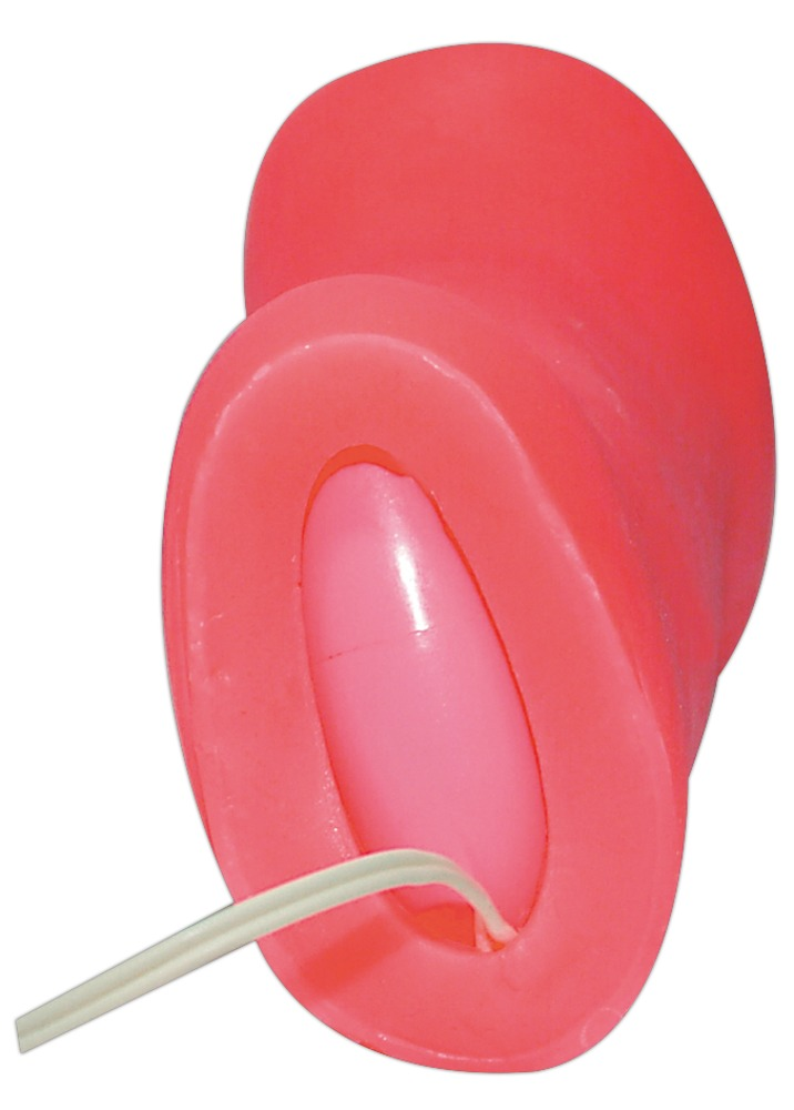 Ein rotes Objekt mit einem inneren rosa Einsatz und einem hellen Kabel auf weißem Hintergrund.