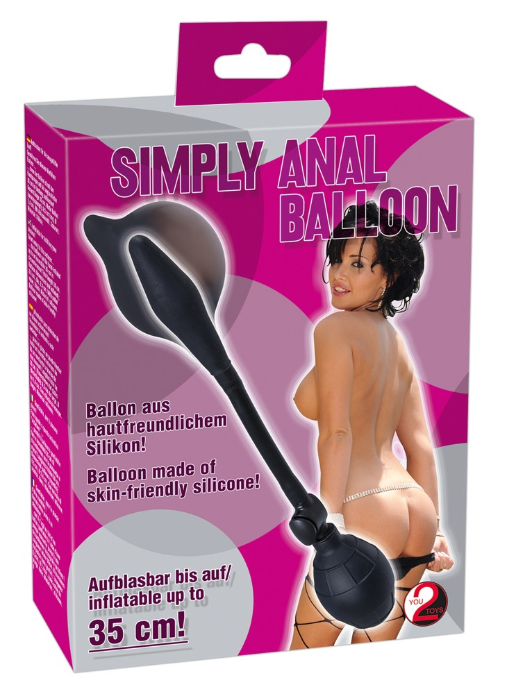 Rosa-weiße Produktverpackung für SIMPLY ANAL BALLOON mit einem schwarzen Silikonballon und einer obernackten Frau.