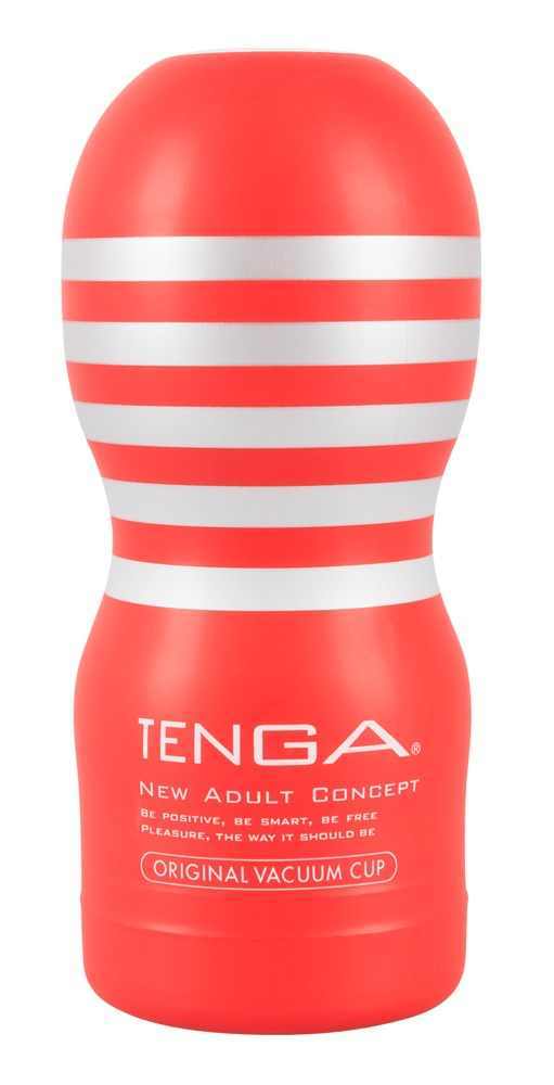 Czerwony Tenga Original Vacuum Cup w białe paski z białym napisem na białym tle.