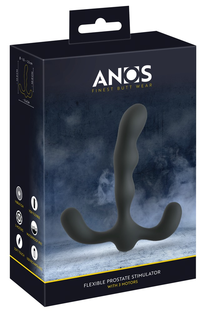 Eine schwarze Schachtel für einen flexiblen Prostatastimulator mit drei Motoren, mit Produktsymbolen und Abmessungen.